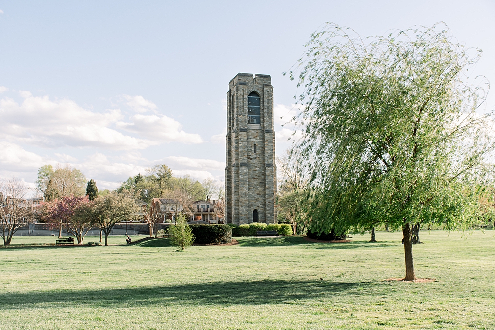 A clock tower is seen on a spring day at Baker Park in Frederick, Maryland.