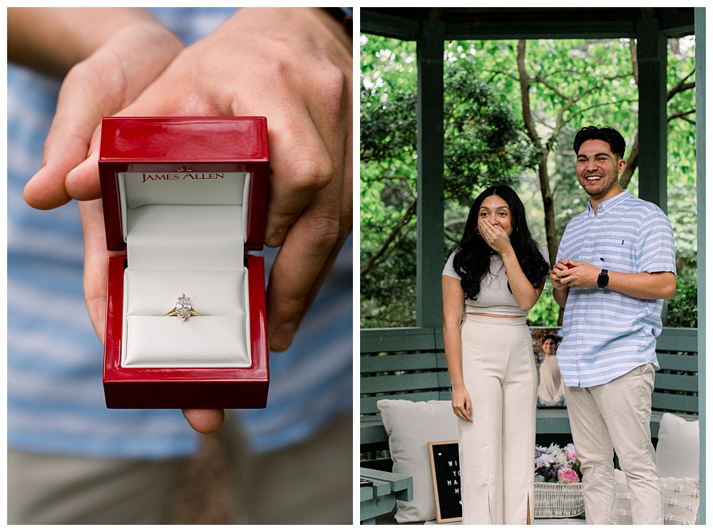 A recently engaged couple stands together after a surprise proposal at McCrillis Gardens in Bethesda, Maryland. 