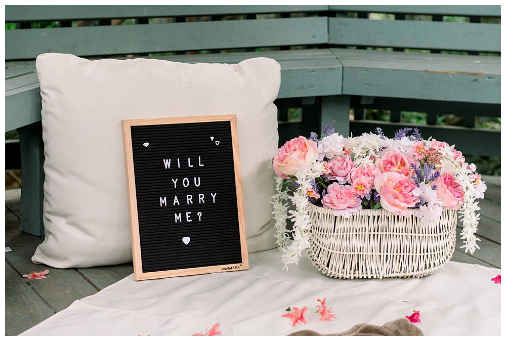 Decorations are staged for a surprise proposal at McCrillis Gardens in Bethesda, Maryland.