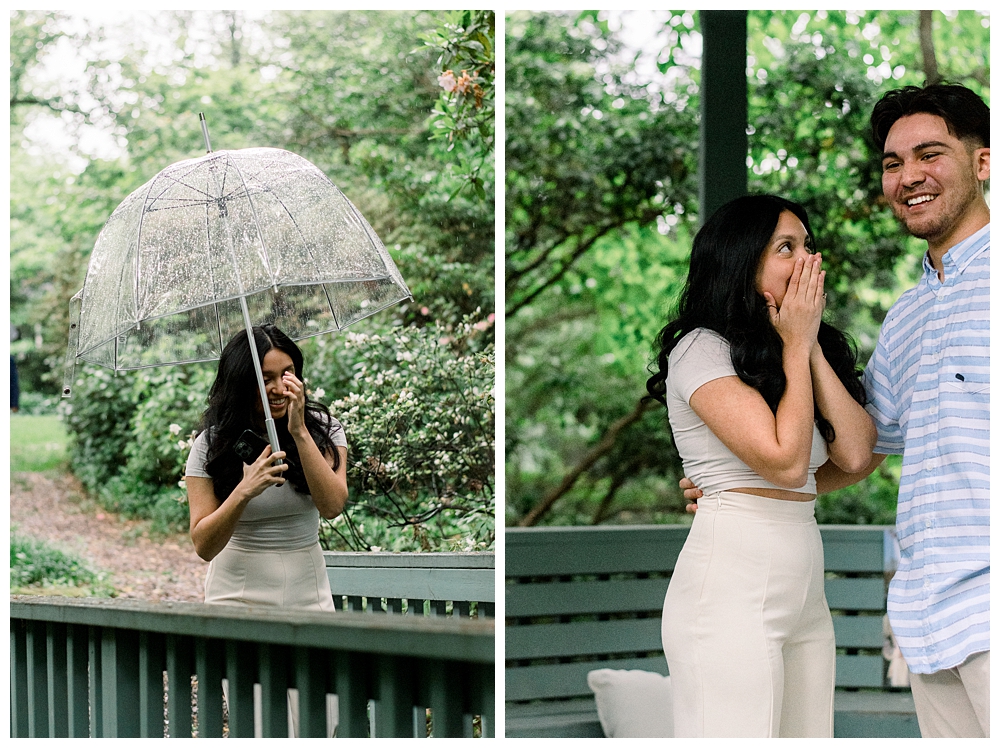 A recently engaged couple stand together after a surprise proposal at McCrillis Gardens in Bethesda, Maryland.