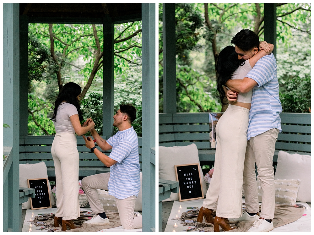 A recently engaged couple stands together after a surprise proposal at McCrillis Gardens in Bethesda, Maryland.