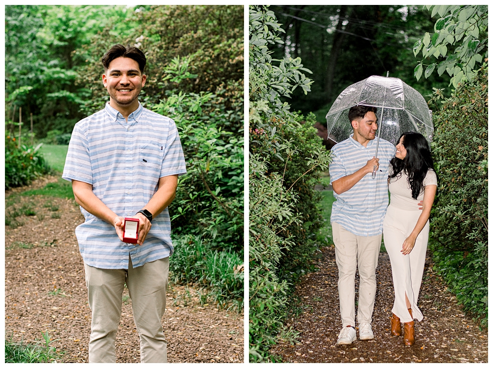 A recently engaged couple walks together after a surprise proposal at McCrillis Gardens in Bethesda, Maryland.