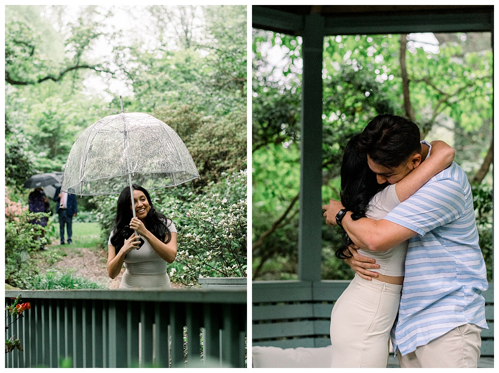 A recently engaged couple embraces after a surprise proposal at McCrillis Gardens in Bethesda, Maryland.