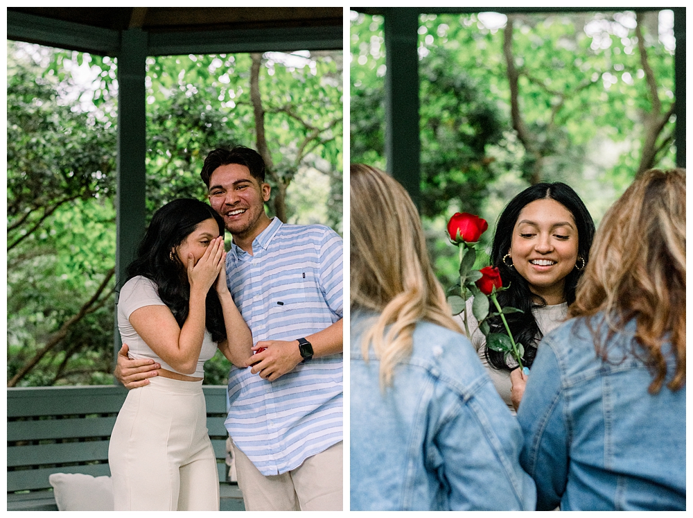 A recently engaged woman reacts after a surprise proposal at McCrillis Gardens in Bethesda, Maryland.