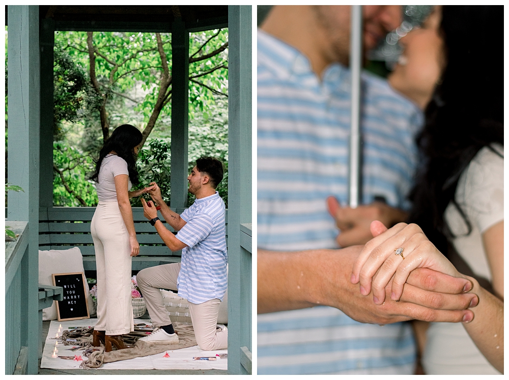 A recently engaged woman shows off her ring after a surprise proposal at McCrillis Gardens in Bethesda, Maryland.