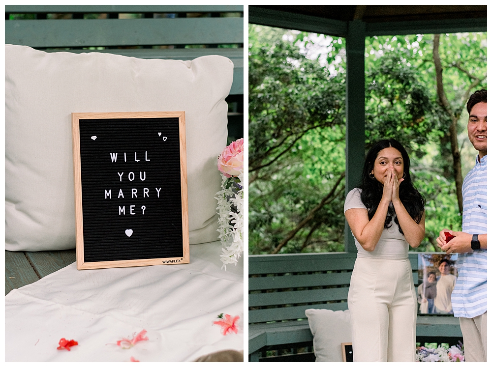 A recently engaged woman reacts after a surprise proposal at McCrillis Gardens in Bethesda, Maryland.
