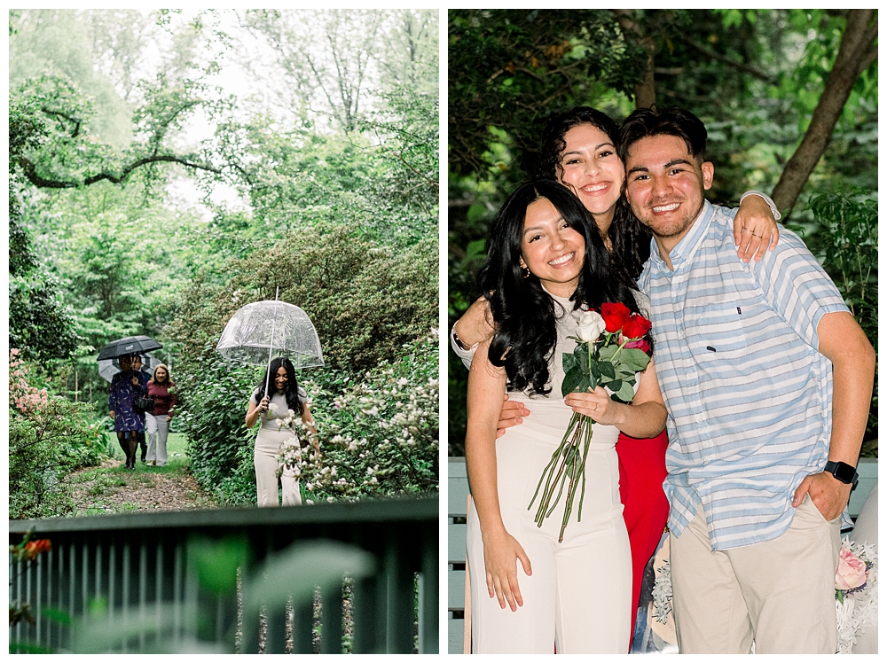A group of friends stand with a recently engaged couple after a surprise proposal at McCrillis Gardens in Bethesda, Maryland.