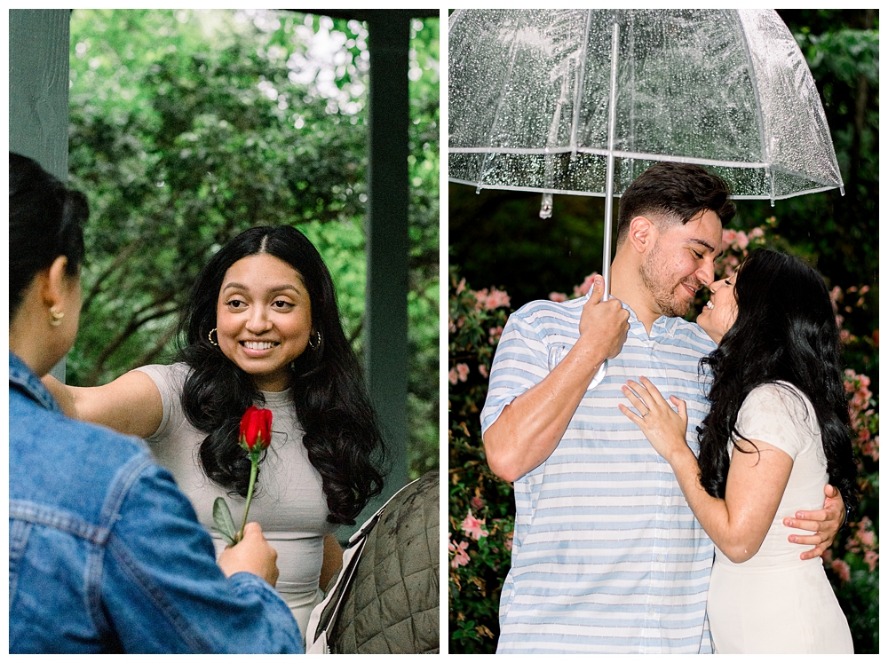 A couple stands together after a surprise proposal at McCrillis Gardens in Bethesda, Maryland.