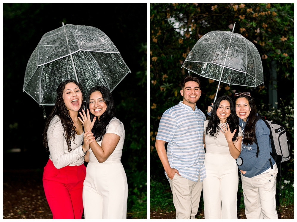 A group of friends and family stand with a recently engaged couple after a surprise proposal at McCrillis Gardens in Bethesda, Maryland.
