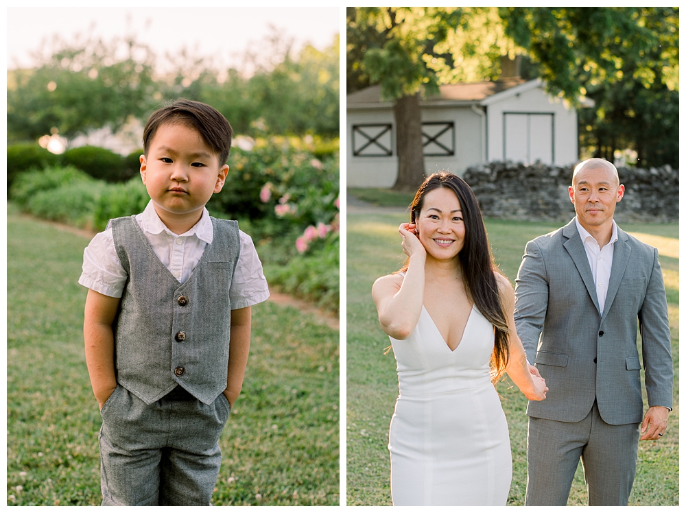 A little boy (left) and his parents (right) stand together for their photo session at Rose Hill Manor in Frederick, Maryland.