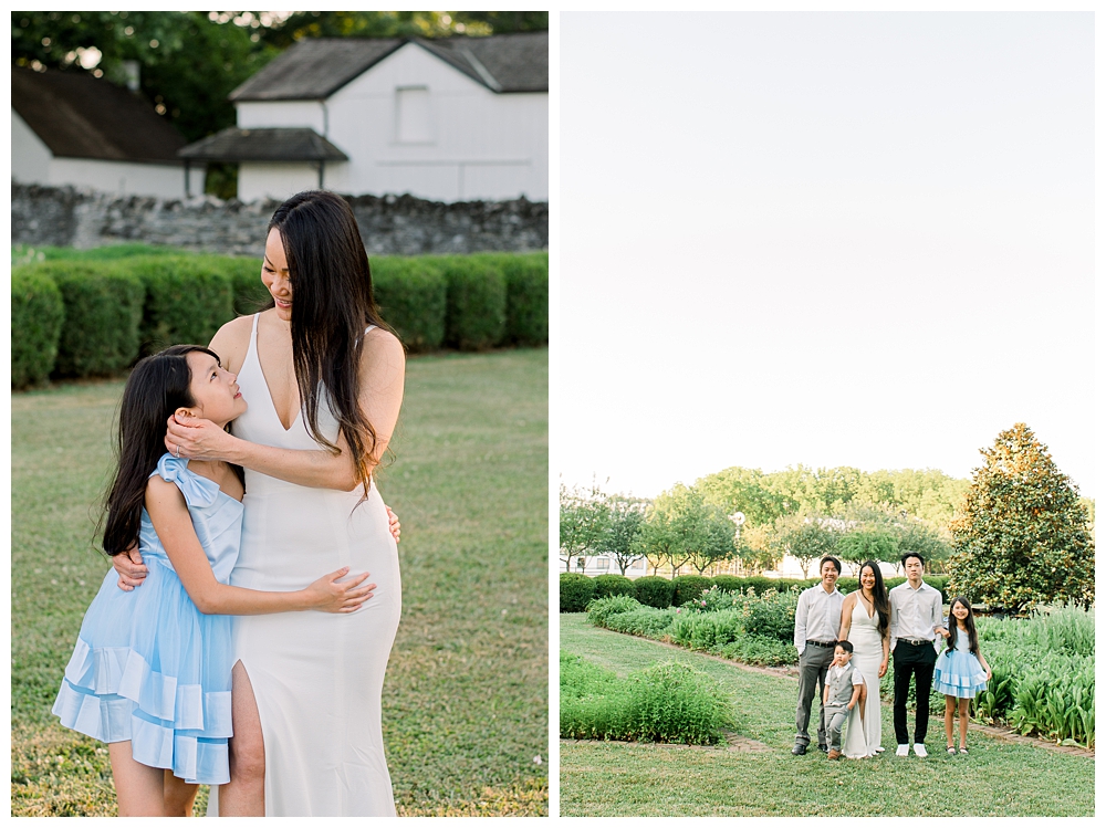 A mom and daughter embrace (left) meanwhile a family stands together (right) during their photo session at Rose Hill Manor in Frederick, Maryland.